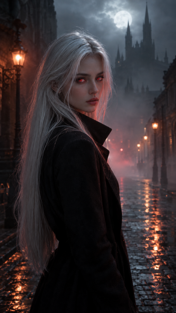 photo in 9:16 from a girl stands in a nightly fogy street. A very detailed and emotional image. The girl has long, straight white hair. She is wearing a long, dark coat. View from the front. Her face is flawless. Her eyes glow red like a vampire.