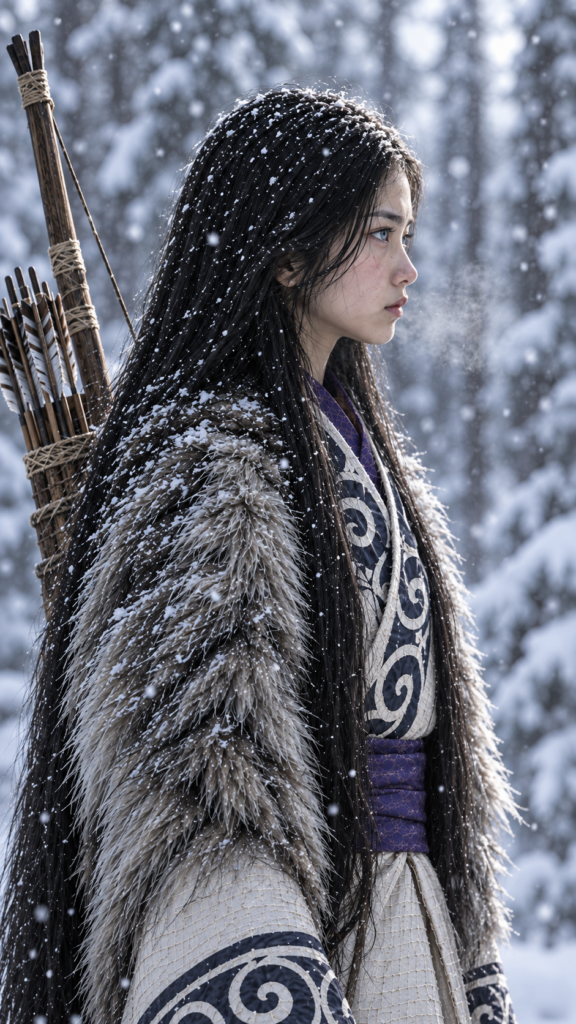 Asirpa wears a white Ainu robe made from bark called attus, complete with traditional swirling motif at the edges of the cloth over a purple band. Underneath she wears a purple kimono, which is tucked at the back. Asirpa wears dark leggings and deerskin boots called yukker. In cold weather Asirpa puts on a wolf fur mantle to cover herself in the wild. Long, straight black shiny hair falls down like a watherfall.