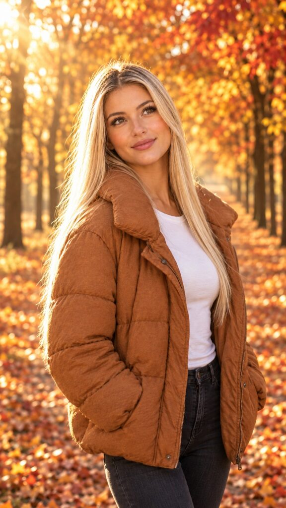 Photorealistic editorial autumn portrait, vertical 9:16. A young attractive woman with long, straight, sleek blonde hair, brown eyes, flawless smooth skin, tasteful natural makeup with defined mascara lashes, soft rosy lips. She wears a thick cozy autumn jacket (warm camel/cognac padded coat with a soft collar), open over a fine, delicate white T-shirt. Upper-body framing, gentle friendly expression looking at the camera. Background: a large tree with vibrant autumn foliage in orange, red and golden yellow, softly blurred with creamy bokeh, a few falling leaves. Warm golden-hour sunlight, soft rim light in her hair, shallow depth of field, 85mm lens look, high-end fashion photography, natural skin texture, rich warm color grading.