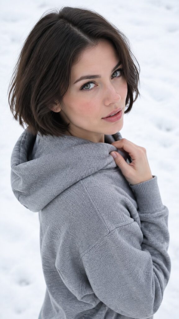 Create a photorealistic editorial fashion photograph in a vertical 9:16 aspect ratio. A stunning 25-year-old woman wearing a relaxed, medium-grey hoodie stands against a pristine, snow-covered white landscape. Frame her from the waist up, with her body turned three-quarters away from the camera as she looks back over her shoulder directly into the lens. Her expression is subtly seductive and confident, with a slightly lowered chin and softly parted lips. One hand lightly touches the edge of her hood near her neck, while her shoulders remain relaxed. Use an eye-level camera angle, soft, diffused winter daylight, realistic skin texture, and sharp focus on her expressive eyes. A shallow depth of field gently blurs the snowy background. Emphasize the natural fabric texture of the hoodie and the subtle contrast between its grey tones and the luminous white winter landscape. Tasteful, fully clothed fashion portrait, refined minimalist composition, no text or logos.