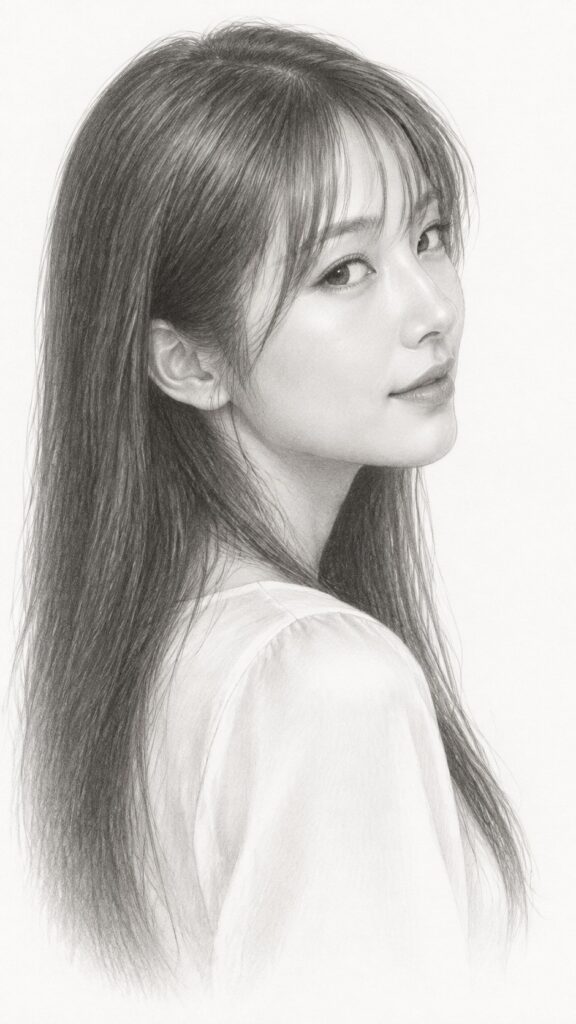 ((delicate pencil portrait)) of an elegant young adult Asian woman with long, straight hair and soft bangs, a beautiful natural face with gently rounded features, finely detailed expressive eyes, a peaceful expression with a subtle warm smile, looking softly toward the viewer, slight three-quarter view, head-and-shoulders composition, wearing a simple white silk blouse with a graceful neckline, soft diffused light, delicate graphite shading, fine flowing pencil strokes, subtle tonal transitions, realistic facial proportions, natural beauty, understated elegance, serene and tender atmosphere, airy composition, clean white paper background fading gently into the portrait, beautifully realistic hand-drawn aesthetic