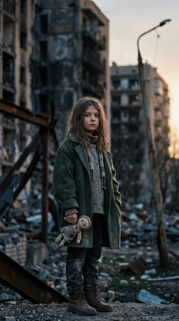 create me a photo in 9:16: a young girl stands in a city destroyed by war. She is poor and scantily dressed. She cries. She is alone. Her long straight hair is disheveled and dirty. She looks sadly into the camera. ((realistic, detailed photo))