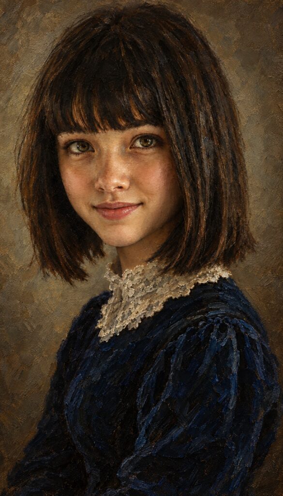 Classical oil painting portrait, in the style of an old master: a young girl, roughly 12 years old, with a dark chin-length bob haircut and straight bangs, hazel eyes, calm serious gaze toward the viewer, slightly turned head. She is modestly and fullydressed in a high-necked dark blue velvet dress with a white lace collar and long sleeves, like a 19th century studio portrait. Visible thick oil paint texture, impasto brushstrokes, canvas grain, warm chiaroscuro lighting, soft muted neutral gray-brown background, museum painting look, fine art portrait.