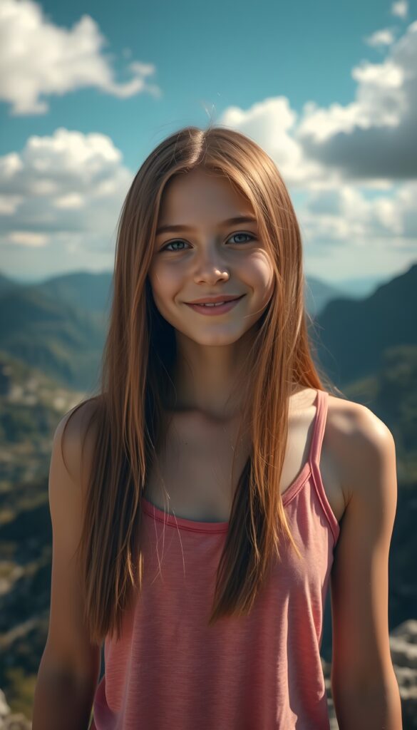 Detailed and realistic portrait from a stunning and gorgeous little teen girl, cute, stand in front of viewer at a sunny day top of mountain, smile, she wears a light red summer tank top, super realistic and round face. Her straight long red hair falls down. Blue sky and white clouds.