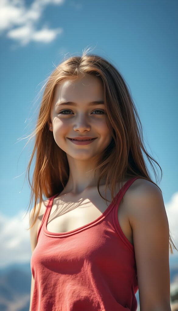 Detailed and realistic portrait from a stunning and gorgeous little teen girl, cute, stand in front of viewer at a sunny day top of mountain, smile, she wears a light red summer tank top, super realistic and round face. Her straight long red hair falls down. Blue sky and white clouds.