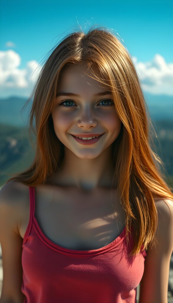 Detailed and realistic portrait from a stunning and gorgeous little teen girl, cute, stand in front of viewer at a sunny day top of mountain, smile, she wears a light red summer tank top, super realistic and round face. Her straight long red hair falls down. Blue sky and white clouds.
