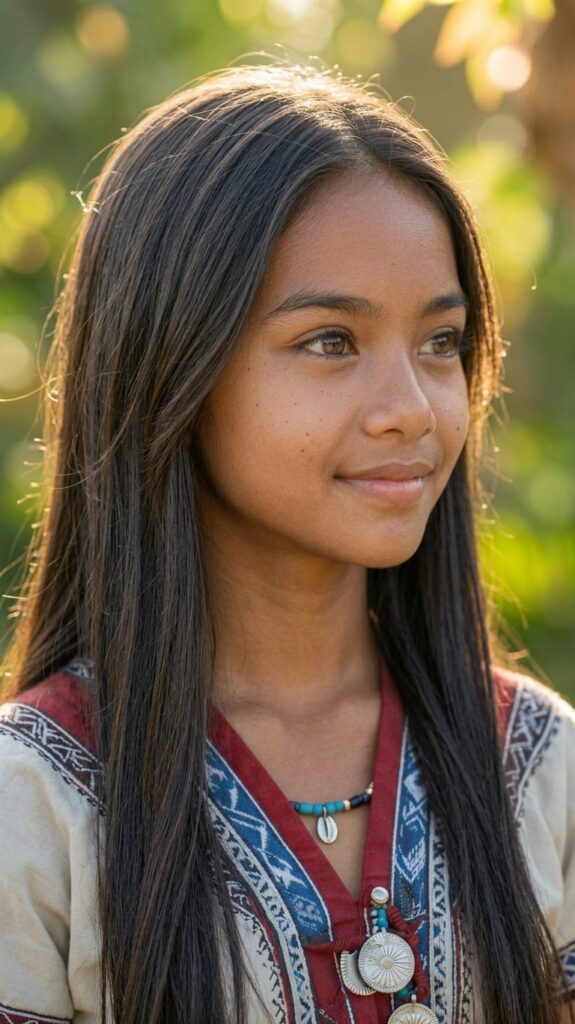 A close-up portrait of a young Southeast Asian girl with long dark hair, wearing a traditional embroidered shirt and a beaded necklace with a central shell pendant, standing in a sun-dappled jungle setting with soft backlighting.