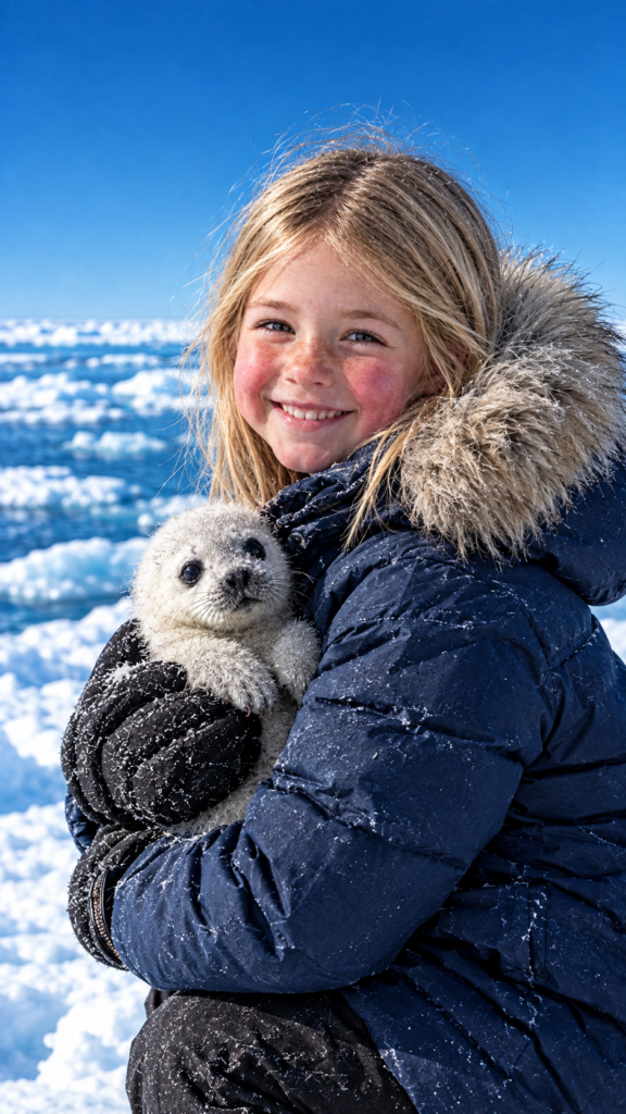 realistic Foto in 9:16 from a cute little girl with light brown hair, wearing a thick winter coat, is standing at the South Pole, holding a young seal in her arms. She smiles happily at the camera. The icy sea can be seen in the background. A clear, blue sky.