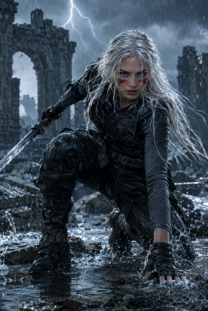 Photorealistic cinematic portrait of a young adult warrior woman in her mid-twenties, long straight white hair whipped by wind, large expressive pale eyes, bold red war paint striped across her cheeks, rain-soaked skin. She wears practical armored tactical gear: a reinforced dark vest over a fitted long-sleeve underlayer, utility belt, dark combat trousers and worn boots. Standing braced in a stormy landscape among shattered stone ruins, water splashing up from puddles around her feet, sheets of rain, dramatic high-contrast lighting with a flash of lightning raking across the ruins, cinematic haze, cold blue-grey palette with a warm accent from distant fire, shallow depth of field, shot on 85mm f/1.8, tense heroic atmosphere, ultra detailed, natural skin tones, high dynamic range, 9:16 portrait orientation