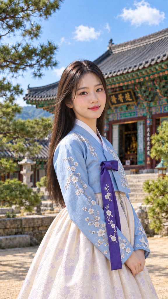Mach mir ein farbenfrohes, detailliertes Portrait in 9:16 von einer jungen Koreanerin im traditionellen Hanbok. Im Hintergrund ist ein typischer, koreanischer Tempel zu sehen. Der Himmel ist blau mit ein paar weissen Wolken. Das Bild wirkt friedlich.