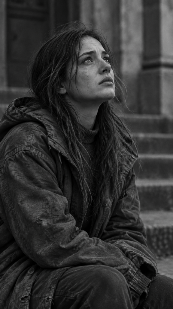 Create me a photo in 9:16: black and white detailed photo: a young girl. She is poor and scantily tattered dressed in a cropped tank top, deep v-neck, busty. ((She cries and thick tears roll down her cheeks)). She is alone. Her long straight slightly wavy hair is disheveled and dirty. She looks sadly up, side view.