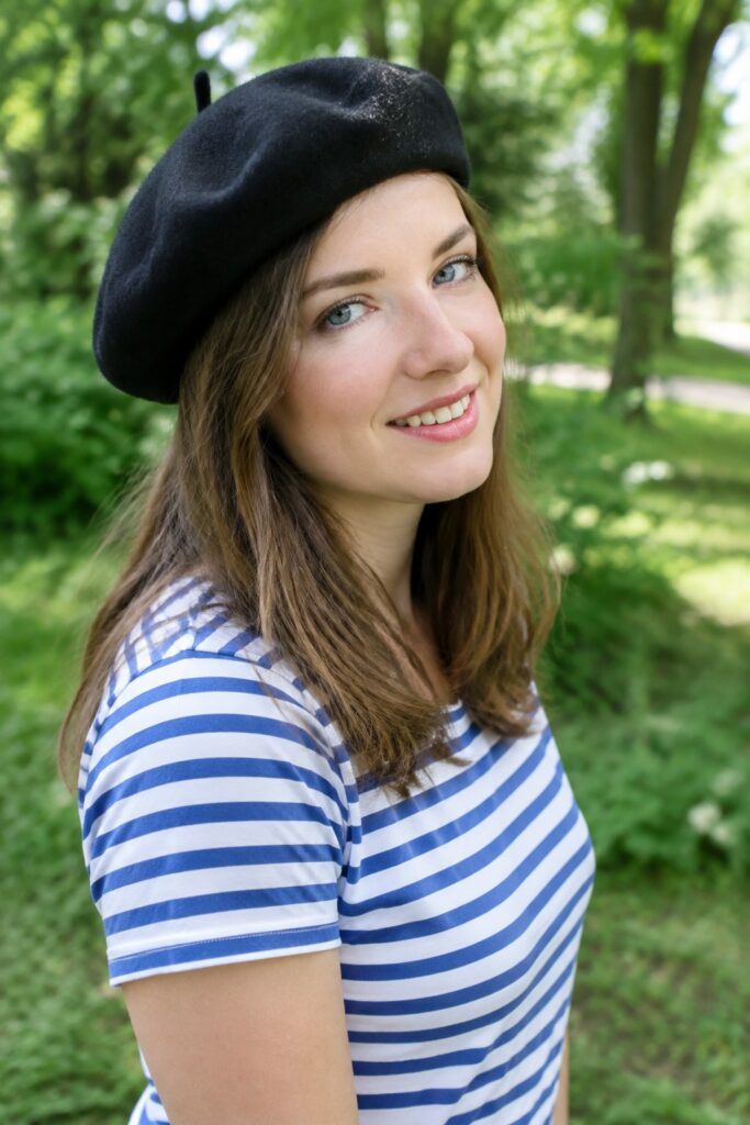 a realistic Foto from an attractive young French woman with long, soft straight brown hair down to her shoulders. She is wearing only a simple blue and white horizontally striped T-shirt and a black beret. She has soft blue eyes and a flawless, round face. Joy. She is standing in a green park with lots of trees.