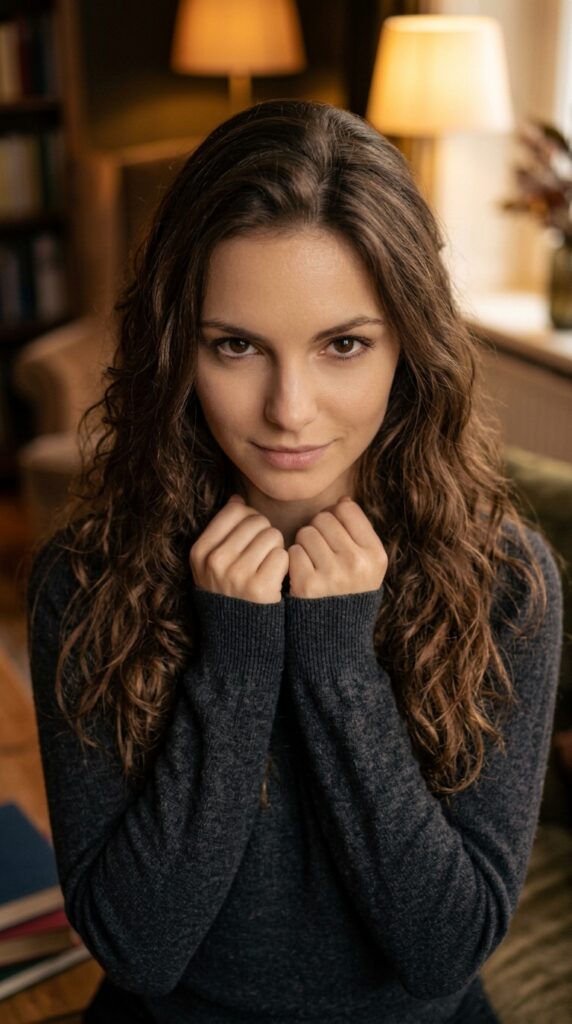 Mach mir ein wunderschönes sinnliches Portrait von einer jungen Frau. Sie hat braunes, langes Haar und schöne grosse dunkle Augen. Ihre Haut ist makellos und sie trägt einen dunklen feinen Wollpullover. Der Hintergrund ist in weichem, sinnlichen Licht. Das Bild ist in 9:16.