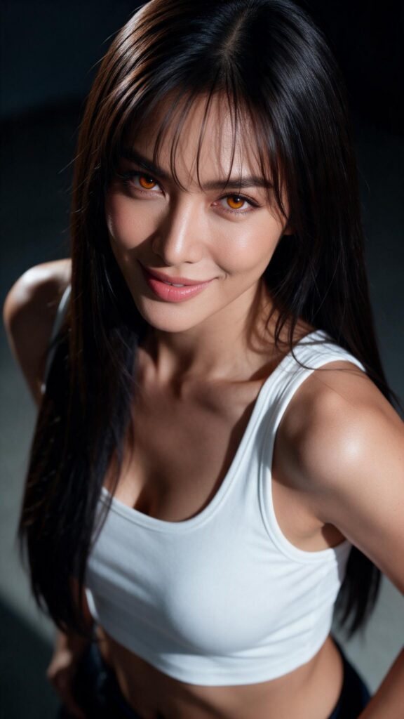 Ultra-realistic vertical 9:16 editorial fashion portrait photograph of an adult woman, age 20+, upper-body framing, elegant side-profile pose with her face gently turned toward the camera, warm inviting smile, softly tinted pink lips, luminous amber-brown eyes, Korean-inspired wispy bangs, meticulously detailed long straight dark hair, fitted white cropped tank top. Beautiful natural curved silhouette, tasteful and non-sexualized styling. Rich yet natural color saturation, cinematic deep shadows, shallow depth of field, premium fashion-photography lighting, realistic skin texture, refined composition, ultra-high-resolution aesthetic, uncluttered dark softly blurred background.