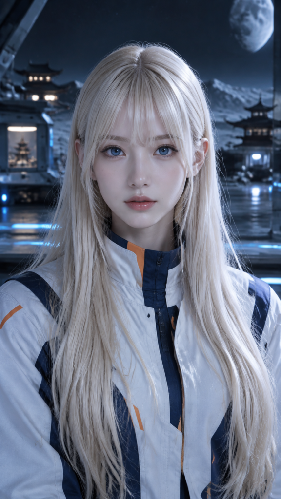Ultra-realistic close-up cinematic portrait, platinum-blonde short bob haircut with blunt bangs, luminous large blue eyes, pale youthful synthetic-human complexion, gentle neutral expression. Wearing a white futuristic technical jacket with navy blue details and subtle orange accents. Dark sci-fi lunar base background, faint holographic blue light reflections, soft cool key light, extremely detailed facial features, realistic hair strands, shallow depth of field, professional cinematic photography, no text, no watermark.
