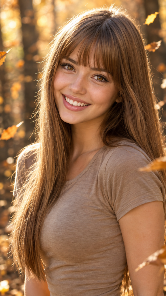 a realistic fantastic photo 9:16 from high detailed and realistic ((upper body portrait)) from a breathtakingly beautiful natural (((attractive girl))) her cheerful nature makes you happy, with warm amber eyes and luxuriously thick (((light brown detailed long smooth straight hair, bangs))), full detailed natural lips, ((wears a light brown form-fitting plain thin t-shirt that support her perfect body, stands in an autumnal forest))
