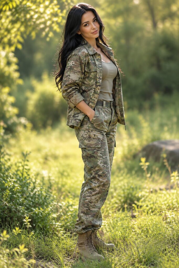 Create a photorealistic, full-body editorial fashion portrait of an adult young woman standing outdoors in a sunny, lush green natural landscape. She wears a stylish fitted short tank top and short camouflage cargo shorts, presented as a tasteful contemporary fashion look. She has very long, straight light-brown hair falling naturally over both shoulders, with individual strands softly catching the warm sunlight. Her expression is warm, subtly playful, imaginative, and confident. Use a relaxed, elegant standing pose with her hands clearly outside the pockets: one arm rests naturally by her side, while the other hand gently touches a section of hair near her shoulder. Do not place either hand in a pocket. The image should feel dreamlike yet grounded in realism: golden sunlight filtering through leaves, softly blurred green foliage in the background, cinematic natural color grading, and a shallow depth of field. Capture realistic skin texture, detailed tank-top fabric, detailed camouflage cargo-pocket texture, and a refined high-end fashion photography aesthetic. Use a vertical 2:3 composition with her entire body fully visible and centered. Keep the presentation respectful and non-combatant: no weapons, no violence, no military insignia, and no text.