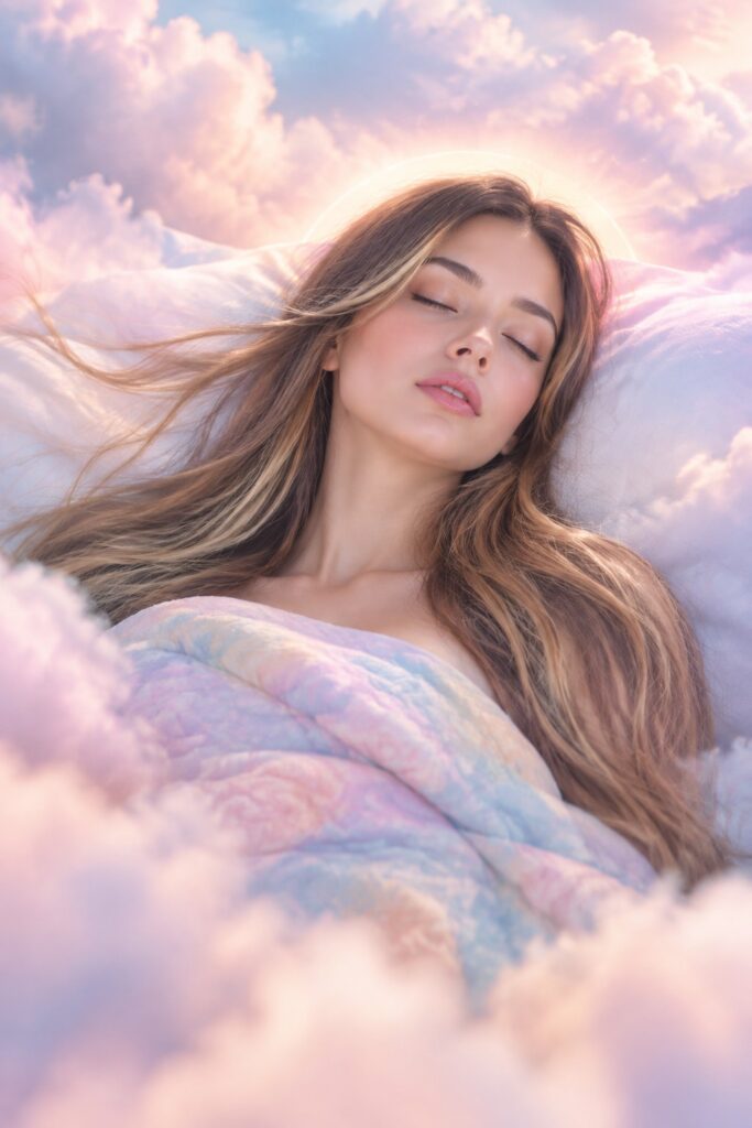 Serene, ethereal dreamscape: a young adult woman sleeping peacefully on her back in a softly lit bedroom, long straight hazelnut-brown hair with subtle blonde highlights flowing to her waist, softly blended roots and a luminous celestial halo-like glow. Her lips are painted in gentle pastel tones and slightly parted; closed eyes with delicate eyelashes. A pastel-colored quilt covers her modestly up to the chest. Diffuse pastel lighting in blush pink, lavender, pale peach, and powder blue; delicate fluffy clouds drift in the background, creating a dreamy tranquil atmosphere. Photorealistic editorial beauty photography, soft-focus foreground, gentle breeze subtly moving hair, fine skin texture, tasteful, nonsexualized, calm composition, high detail.