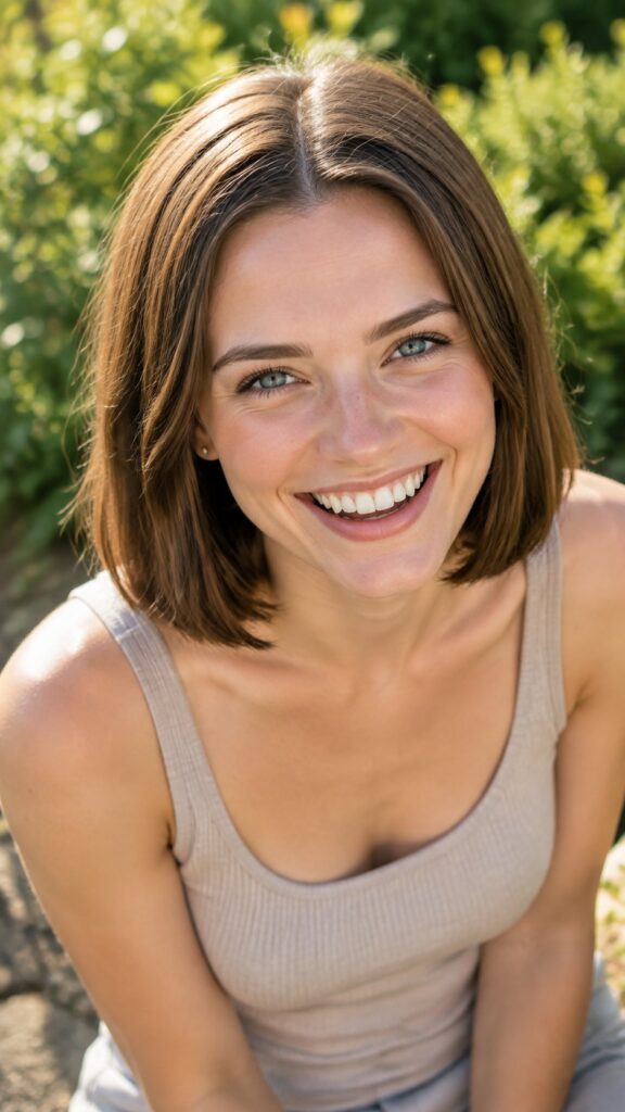 A photorealistic vertical 9:16 fashion-editorial portrait of a young adult woman outdoors, captured from a flattering three-quarter angle. She has long, perfectly straight, glossy chestnut-brown hair flowing elegantly over the front of her shoulders and upper torso. Her softly rounded, detailed face is turned gently toward the camera, with clear blue eyes and a relaxed, warm, confident expression. She wears a tasteful fitted neutral-toned tank top, casually styled and non-sexualized. Golden sunlight softly illuminates her smooth, healthy-looking skin, creating a natural sun-kissed glow. Sunny green garden backdrop with creamy bokeh foliage, warm late-afternoon light, realistic skin texture, refined natural makeup, cinematic lighting, shallow depth of field, sharp focus on the eyes, professional full-frame camera photography, high detail, natural anatomy.