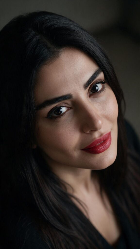 A beautiful Persian woman with dark, straight hair and jet-black eyes. Red lips. Focus on her face. Photo in 9:16