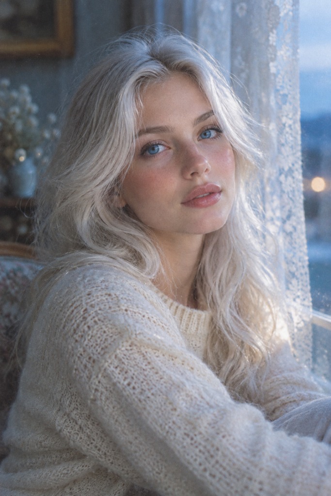 A nostalgic, soft-focus photographic portrait of a young girl with silky, fine white hair gently framing her round, angelic face. She looks calmly toward the camera with luminous deep-blue eyes and a quiet, dreamy expression. Delicate natural features, a soft closed-mouth smile, healthy radiant skin, and gentle window light create a peaceful, innocent atmosphere. Muted pastel colors, subtle film grain, shallow depth of field, vintage analog-photo aesthetic, tasteful and age-appropriate portraiture.