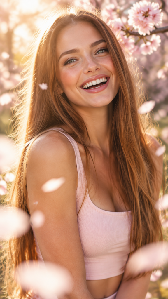 create me a photorealistic portrait from a close up portrait of an exuberant adult girl with a beaming, sunny smile that radiates warmth, dressed in a stylish, fitted pastel pink crop top that elegantly highlights her graceful curves. The scene is captured in a dreamy, ethereal style reminiscent of Impressionist paintings, with soft bokeh effects in the background. Her long, flowing straight hazelnut hair glistens in the sunlight, creating a halo effect around her face. Surrounding her are delicate cherry blossom petals gently falling in the breeze, adding a touch of whimsy and charm to the flawless portrait.