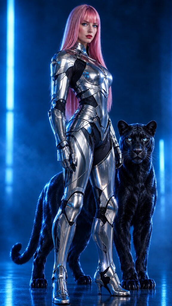 Ultra-realistic photograph, 9:16 vertical portrait orientation, full body shot of a young woman in her mid-twenties wearing sleek futuristic armor forged from polished platinum, articulated plates with brushed and mirror-finish surfaces catching cool reflections. Long straight pink hair falling evenly to the same length, blunt-cut bangs framing her face. Crystal-clear bright blue eyes, flawless smooth skin with natural pore detail, full plump red lips. Slight three-quarter side view, confident relaxed posture. Dark blue background lit by soft neon glow, subtle atmospheric haze, rim light separating the armor from the backdrop. Shot on 85mm lens, f/2.0, cinematic editorial lighting, high dynamic range, sharp focus, photorealistic skin texture, 8k detail.