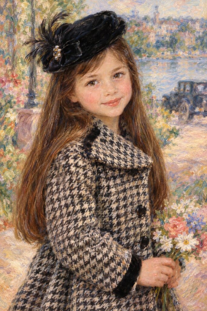 9:16: a wonderfully (((detailed painted scene))) by Pierre-Auguste Renoir, portraying a youthful girl of 8 in the 1930s, dressed in a long, luxurious (((coat with a classic pied de poule pattern))), paired with a diminutive, yet opulent (((velvet black hat))), exuding a playful whimsy that is accented by vivid pastel tones that bring each intricate detail into sharp relief, achieving a stunning (8K resolution) that is both crisp and clear, capturing a level of realism that is truly endearing, long straight full brown hair.