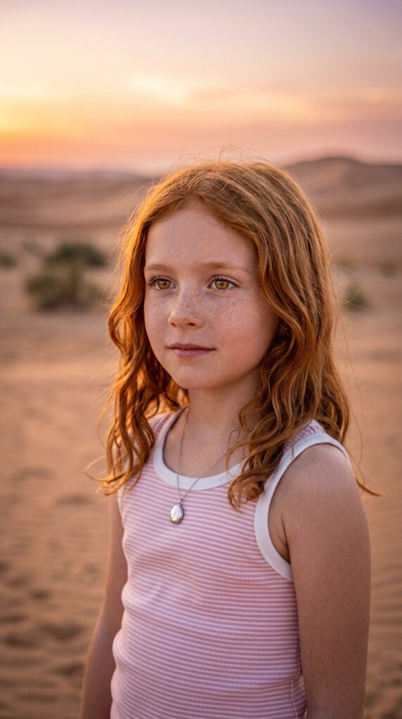 a detailed and realistic portrait from a young girl with soft long red hair, detailed amber eyes, ((wears a white super fine light pink cropped tank top)) that support her body, she has a perfect curved body, ((against a backdrop with sandy desert and sunset))