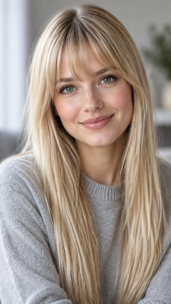 Mache mir ein 9:16 Portrait von einer jungen Frau mit langem, geradem und blondem Haar. Bangs. Sie hat makellose schöne und sanfte Haut, grüne Augen. Sie lächelt. Der Fokus ist auf ihrem Oberkörper. Sie trägt einen feinen grauen Wollpullover.