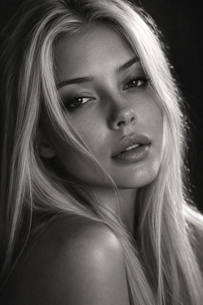 Sensual, dreamy black-and-white fine-art portrait photograph of a beautiful young woman in her mid-twenties with long, straight, very light platinum-blonde hair falling softly around her face and shoulders. Dark, deep, expressive eyes with a soft, alluring, half-lidded gaze looking into the camera; small cute upturned button nose; full soft lips slightly parted; flawless natural skin with realistic texture. Tight close-up focused on her face, head slightly tilted, a few strands of hair brushing her cheek, bare shoulders hinted at the bottom of frame. Perfect studio lighting: soft directional Rembrandt key light from the side, gentle sculpting shadows along cheekbone and jawline, subtle rim light glowing through the hair, catchlights in the eyes. Monochrome, rich tonal range, deep velvety blacks and luminous silvery highlights, fine film grain, shallow depth of field with creamy dark background, 85mm f/1.4 lens, editorial cinematic mood, seductive yet elegant and tasteful, dreamy soft glow.