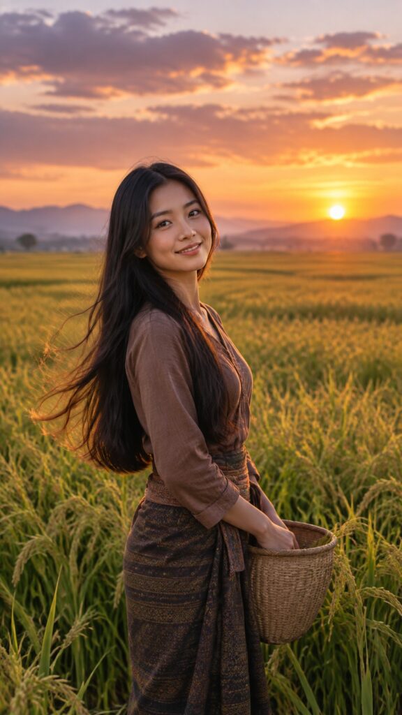 Photorealistic cinematic low-angle, front-facing portrait in a vertical 9:16 composition. A beautiful, happy young adult Asian woman stands in the middle of a vast rice field, photographed from below at the front. She faces the camera directly with a warm, genuine, joyful smile. Her long, glossy black hair falls naturally over her torso and moves gently in a soft breeze. She wears authentic, tasteful rural farming clothing in soft, natural earth tones—modest, detailed, and realistic. Tall rice plants fill the foreground and create depth, while the rice field stretches endlessly behind her toward the horizon. A breathtaking golden-hour sunset lights the scene with warm amber, blush-pink, and violet tones. Soft rim light outlines her hair, with cinematic depth of field, highly detailed natural skin texture, realistic fabric, atmospheric perspective, premium editorial photography, uplifting and sensual yet wholesome mood. No text, no watermark.