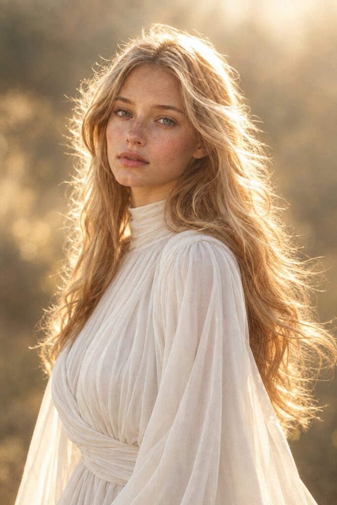 Photorealistic editorial portrait of a young woman in her early twenties, distinct new face: high defined cheekbones, narrow straight nose, striking clear ice-blue eyes, slender jawline, clear smooth skin with no freckles, subtle natural pores, long flowing light blonde hair with fine backlit strands. New pose: three-quarter turn away from camera, head tilted back and chin slightly raised, eyes looking upward past the camera, one hand gently touching her collarbone, hair falling over one shoulder. Wearing a high-necked flowing white silk gown with soft draped folds and long sleeves, standing in soft golden morning haze, warm rim light from behind creating a subtle halo around the hair, gentle diffused fill light on the face, shallow depth of field, shot on 85mm f/1.4, cinematic lighting, muted warm color palette, ultra detailed, natural skin tones, high dynamic range