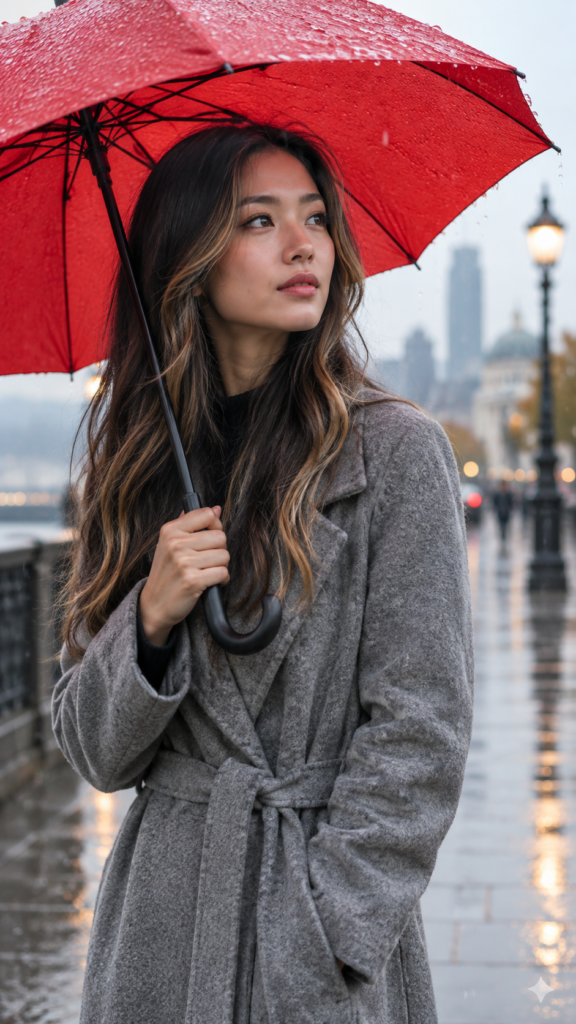 A young Asian girl with beautiful, long dark hair and blond highlights is standing in the rain holding a red umbrella and wears a grey fine coat. The picture has a peaceful feel to it. Portrait: 9:16