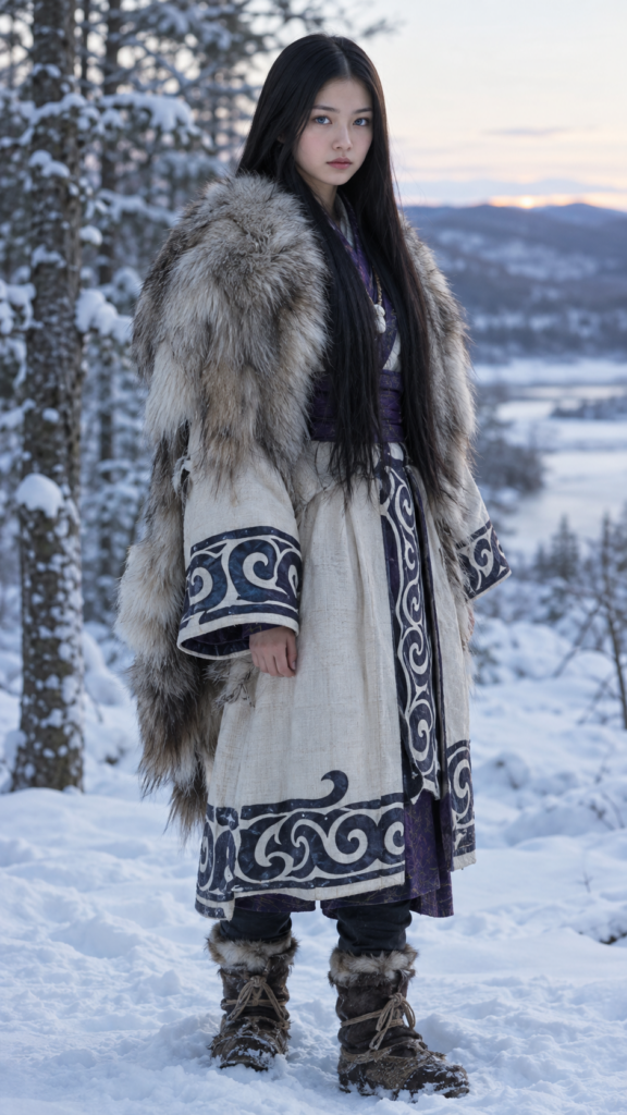 Asirpa wears a white Ainu robe made from bark called attus, complete with traditional swirling motif at the edges of the cloth over a purple band. Underneath she wears a purple kimono, which is tucked at the back. Asirpa wears dark leggings and deerskin boots called yukker. In cold weather Asirpa puts on a wolf fur mantle to cover herself in the wild. Long, straight black shiny hair falls down like a watherfall.