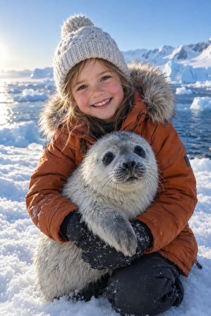 Photorealistic vertical portrait (9:16) of a cheerful little girl, about six years old, with light brown hair escaping from under a knitted hat, wearing a thick padded winter coat with a fur-trimmed hood. She kneels slightly forward on packed snow, gently cradling a young seal pup in her arms, both faces turned toward the camera; she smiles openly, cheeks flushed from the cold. Shallow depth of field on her face and the pup's wet fur, softly blurring the Antarctic coastline behind her: pale blue ice floes and dark, glittering sea water. Clear deep-blue sky, low polar sun from the left giving crisp directional light, long soft shadows and cool highlights on the ice. Natural skin texture with visible fine hair and breath vapor, damp sheen on the seal's coat, fabric texture on the coat visible. Palette limited to white, ice blue, and the warm accent of her coat. Shot like a 50mm documentary portrait at eye level, subject centered in the upper two-thirds of the frame, plenty of ice and sky around her.