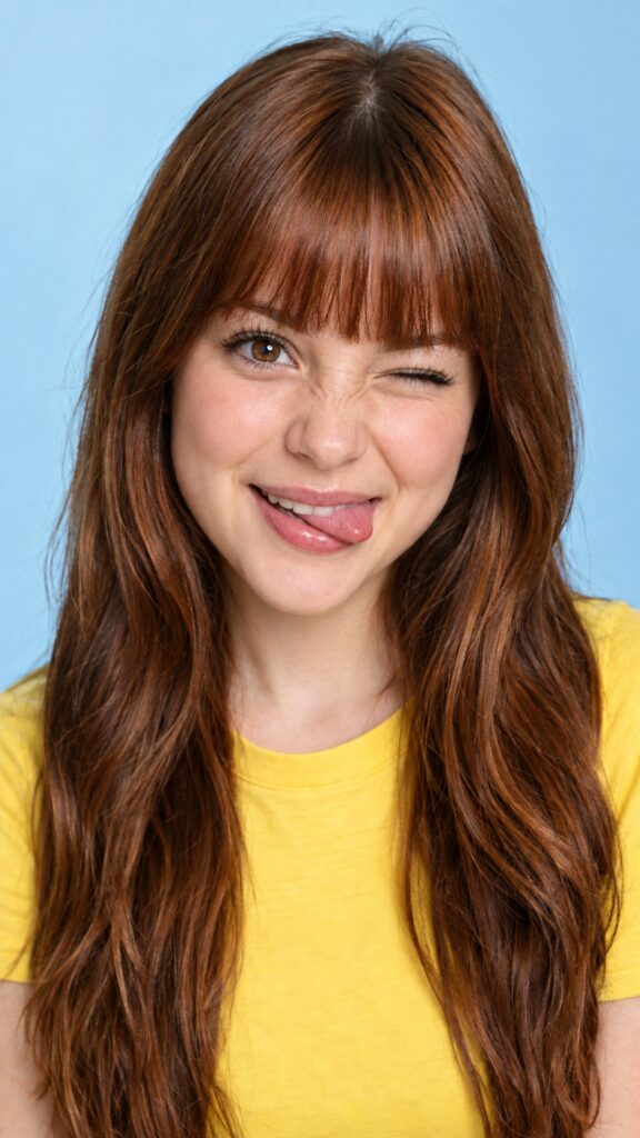 Portrait in 9:16: Close up portrait from a sweet little woman wearing a yellow plain uni t-shirt, long, straight soft wavy hair frame her round face in a perfect bangs cut—her red hair with brown highlights looks wonderful. Plain light blue studio background.