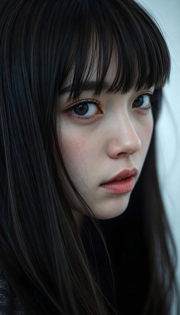 Create a photorealistic close-up portrait of an adult woman with long, straight black hair and bangs, shown in a three-quarter view facing the left side of the frame. Her head is turned approximately 45 degrees, with her nose pointing left and her eyes looking off-camera in the same direction. Both eyes remain visible, with the farther eye slightly foreshortened. Give her a soft, sensual expression, subtly lowered eyelids, and slightly parted lips. Render her skin naturally, with fine pores, delicate texture, subtle variations in skin tone, and realistic highlights. Avoid waxy smoothing, excessive retouching, and oversharpening. Her long black hair frames her face. Use soft, cool lighting and a pale blue background to create an intimate, understated atmosphere. Maintain a tight portrait crop in a vertical composition, without borders.
