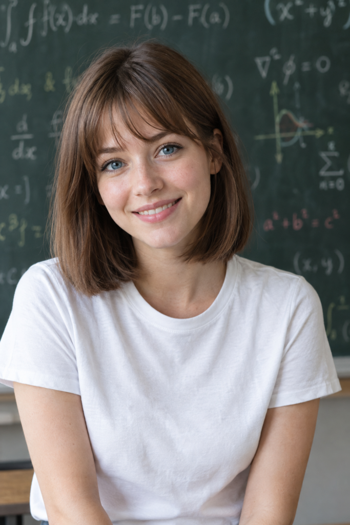 Hyper-realistic editorial portrait photograph of a young adult woman, about 22, a university student, with vibrant straight chestnut hair in a chin-length bob falling over her shoulders and delicate bangs framing her face. Deep blue eyes, bright and curious, catching a soft highlight. Clear luminous skin with visible natural texture and fine pores, no plastic retouching. Warm genuine smile. She wears a simple crisp white cotton t-shirt that contrasts with her hair. Waist-up framing, subject centered slightly left, shallow depth of field. Behind her a large dark green chalkboard covered in neatly handwritten mathematics in colored chalk, softly out of focus so it reads as texture and atmosphere. Soft diffused window light from the front left, gentle falloff, low contrast, no harsh shadows. 85mm lens look, natural color, muted academic palette of chalk white, chestnut, deep green. Calm, intelligent, approachable mood.