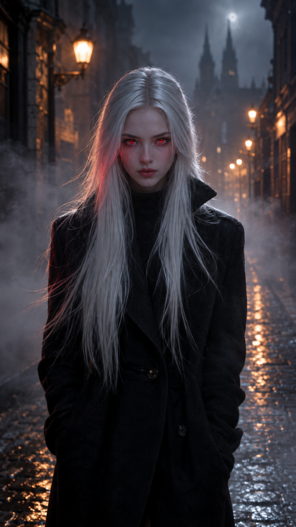 photo in 9:16 from a girl stands in a nightly fogy street. A very detailed and emotional image. The girl has long, straight white hair. She is wearing a long, dark coat. View from the front. Her face is flawless. Her eyes glow red like a vampire.
