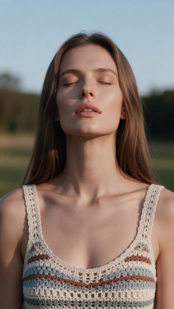 Vertical 9:16 photorealistic editorial portrait of an adult woman in her mid-20s with long, straight, soft brown hair. She tilts her head slightly upward with eyes closed, lips gently parted, conveying calm and serenity. She wears a tasteful crocheted tank top with a modest neckline. Soft natural golden-hour light, subtle skin texture, shallow depth of field, peaceful outdoor setting with a softly blurred background, refined fashion photography, realistic color grading, high detail, no text, no watermark.