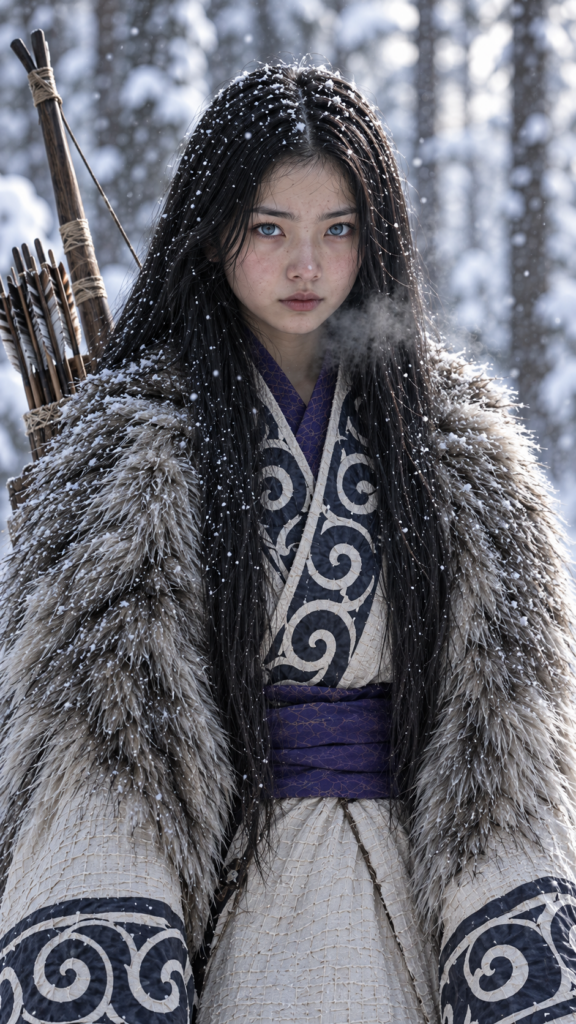 Asirpa wears a white Ainu robe made from bark called attus, complete with traditional swirling motif at the edges of the cloth over a purple band. Underneath she wears a purple kimono, which is tucked at the back. Asirpa wears dark leggings and deerskin boots called yukker. In cold weather Asirpa puts on a wolf fur mantle to cover herself in the wild. Long, straight black shiny hair falls down like a watherfall.