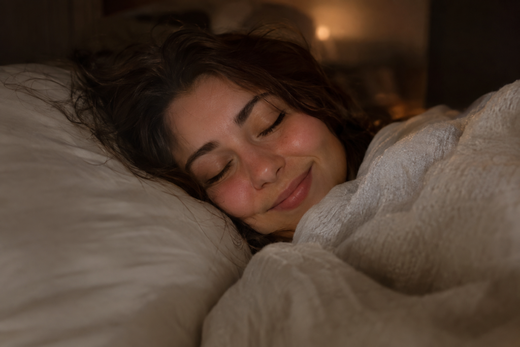 create me a photo in 16:9 from a cute young sleeping woman. Dimmed light.