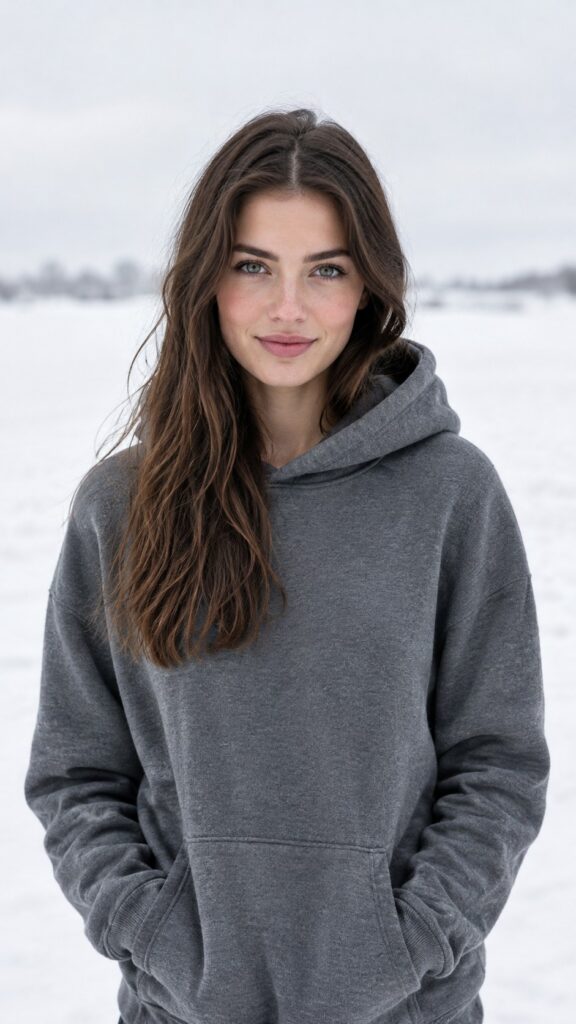 Create a photorealistic editorial fashion photograph in a vertical 9:16 aspect ratio. A stunning 25-year-old woman wearing a relaxed, medium-grey hoodie stands against a pristine, snow-covered white landscape. Frame her from the waist up, with her body turned three-quarters away from the camera as she looks back over her shoulder directly into the lens. Her expression is subtly seductive and confident, with a slightly lowered chin and softly parted lips. One hand lightly touches the edge of her hood near her neck, while her shoulders remain relaxed. Use an eye-level camera angle, soft, diffused winter daylight, realistic skin texture, and sharp focus on her expressive eyes. A shallow depth of field gently blurs the snowy background. Emphasize the natural fabric texture of the hoodie and the subtle contrast between its grey tones and the luminous white winter landscape. Tasteful, fully clothed fashion portrait, refined minimalist composition, no text or logos.