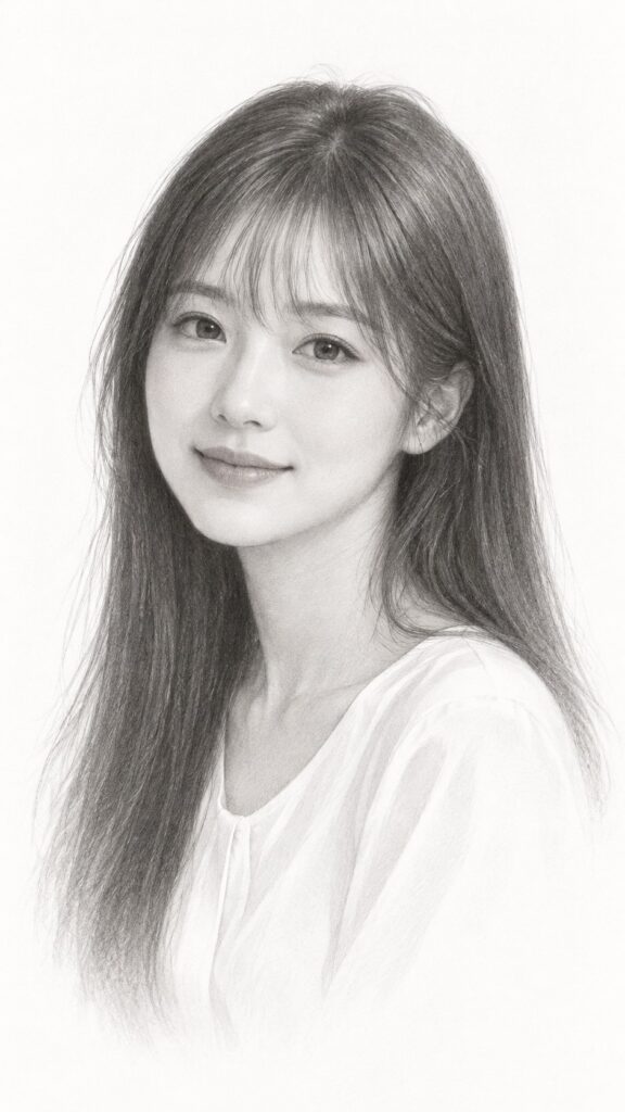 ((delicate pencil portrait)) of an elegant young adult Asian woman with long, straight hair and soft bangs, a beautiful natural face with gently rounded features, finely detailed expressive eyes, a peaceful expression with a subtle warm smile, looking softly toward the viewer, slight three-quarter view, head-and-shoulders composition, wearing a simple white silk blouse with a graceful neckline, soft diffused light, delicate graphite shading, fine flowing pencil strokes, subtle tonal transitions, realistic facial proportions, natural beauty, understated elegance, serene and tender atmosphere, airy composition, clean white paper background fading gently into the portrait, beautifully realistic hand-drawn aesthetic