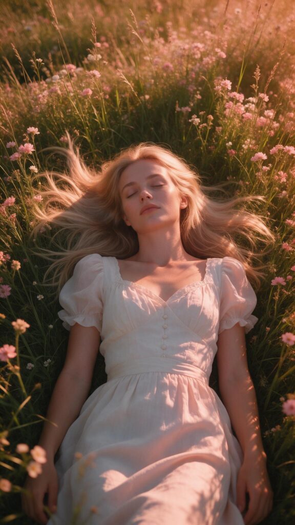 Create a high-end photorealistic vertical portrait in 9:16 aspect ratio of an adult young woman with long, light blonde hair standing in a sunlit meadow during a dreamy sunset. Golden-hour backlighting, soft rim light shining through her hair, a warm amber and peach-colored sky, gently blurred wildflowers and tall grass, and a subtle breeze. She has a natural, relaxed expression and wears an elegant, light-colored summer dress. Cinematic shallow depth of field, realistic skin texture, editorial photography, serene and romantic atmosphere. No text, no watermark.