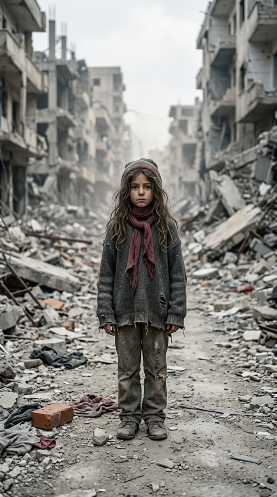 create me a photo in 9:16: a young girl stands in a city destroyed by war. She is poor and scantily dressed. She cries. She is alone. Her long straight hair is disheveled and dirty. She looks sadly into the camera. ((realistic, detailed photo))