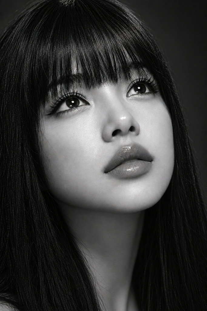 Black and white photorealistic beauty portrait of a young woman with an angelic, delicate face, flawless porcelain-smooth luminous skin, dark deep expressive eyes with long full eyelashes, full kissable lips gently parted, long straight jet-black hair with a straight fringe (bangs) falling just above her eyebrows. Very tight beauty crop from forehead to chin, she looks slightly upward past the camera, chin lifted. Tack-sharp crisp focus on the eyelashes, iris detail and lip texture, fine natural skin detail. Bright soft top light with a clean ring catchlight in the eyes, near-black background, deep blacks and silvery highlights, high-contrast monochrome. 100mm macro beauty look, editorial fashion photography, ultra detailed.