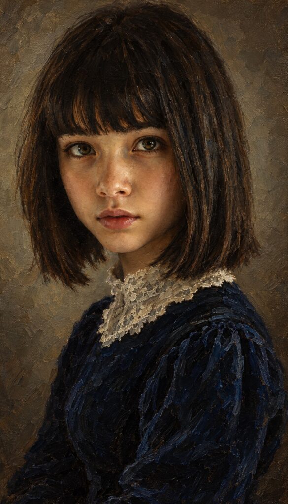 Classical oil painting portrait, in the style of an old master: a young girl, roughly 12 years old, with a dark chin-length bob haircut and straight bangs, hazel eyes, calm serious gaze toward the viewer, slightly turned head. She is modestly and fullydressed in a high-necked dark blue velvet dress with a white lace collar and long sleeves, like a 19th century studio portrait. Visible thick oil paint texture, impasto brushstrokes, canvas grain, warm chiaroscuro lighting, soft muted neutral gray-brown background, museum painting look, fine art portrait.