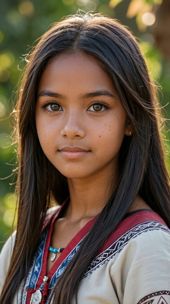 A close-up portrait of a young Southeast Asian girl with long dark hair, wearing a traditional embroidered shirt and a beaded necklace with a central shell pendant, standing in a sun-dappled jungle setting with soft backlighting.